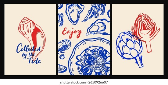 Italian cuisine and sea inspired poster set with pasta, seafood, wine, lemons, shells, herbs and decorative blue tiles in flat cartoon vector style, Mediterranean kitchen wall art prints