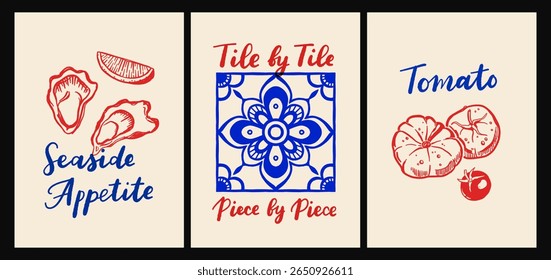 Cartaz inspirado na cozinha italiana e no mar com massas, frutos do mar, vinho, limões, conchas, ervas e azulejos decorativos azuis em estilo de vetor de desenhos animados planos, impressões de arte de parede de cozinha mediterrânea