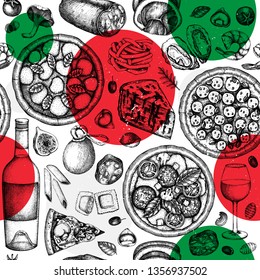 Italian cuisine seamless pattern. Hand drawn pizza and pasta top view background. Italian food and drinks menu design. Engraved style pizzeria illustration. For label, banner, package.