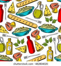 Italian cuisine seamless pattern of pasta, cheese, olive oil, breadstick, salmon steak and red wine bottles on white background with basil leaves and lemon fruits