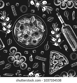 Italian cuisine seamless pattern. A set of Italian dishes. Food menu design template. Vintage hand drawn sketch vector illustration. Engraved image