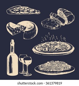 Italian cuisine signs. Hand sketched traditional southern europe food and drink menu. Vector set of mediterranean meal elements with lettering in ink style. 