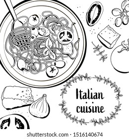 Italian cuisine sketch. Food menu design template. Vintage hand drawn sketch vector illustration. Engraved image