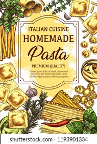 Italian cuisine sketch poster of homemade pasta, olive oil and herbs or spice seasonings. Vector design of spaghetti, penne or lasagna and ravioli pasta with garlic, basil or rosemary and chili pepper