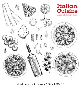 Italian cuisine sketch. A set of Italian dishes with pasta and meatballs, pizza, ravioli and ingredients. Food menu design template. Vintage hand drawn sketch vector illustration. Engraved image