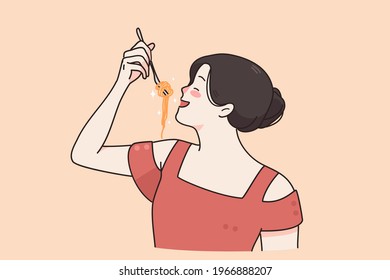 Italian cuisine and tasty eating concept. Young smiling woman cartoon character in red dress standing holding fork with spaghetti eating pasta vector illustration 