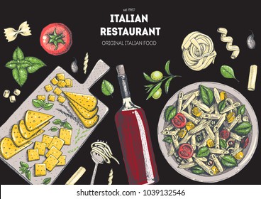 Italian cuisine top view frame. Food menu design template. A set of Italian dishes with pasta , cheese, olives. Vintage hand drawn sketch vector illustration. Colorful image EPS10