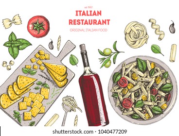 Italian cuisine top view frame. Food menu design template. A set of Italian dishes with pasta , cheese, olives. Vintage hand drawn sketch vector illustration. Colorful image EPS10