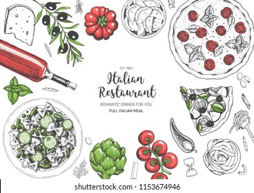 Italian cuisine top view frame. A set of Italian dishes with pasta and pizza. Food menu design template. Vintage hand drawn sketch vector illustration. Engraved image