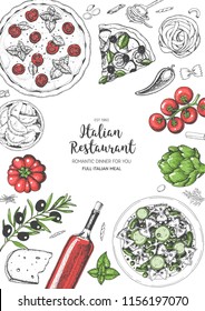 Italian cuisine top view frame. A set of Italian dishes with pasta and pizza. Food menu design template. Vintage hand drawn sketch vector illustration. Engraved image