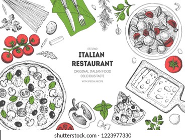 Italian cuisine top view frame. A set of Italian dishes with pasta and pizza. Food menu design template. Vintage hand drawn sketch vector illustration. Engraved image