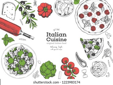 Italian cuisine top view frame. A set of Italian dishes with pasta and pizza. Food menu design template. Vintage hand drawn sketch vector illustration. Engraved image