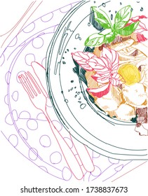 Italian cuisine top view frame. A set of breakfest with eggs, basil and parmesan . Food keto diet menu design template. Vintage hand drawn sketch vector illustration. Engraved image