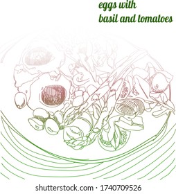 Italian cuisine top view frame. A set of breakfest with eggs, basil and asparagus . Food keto diet menu design template. Vintage hand drawn sketch vector illustration. Engraved image