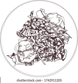 Italian cuisine top view frame. A set of Italian dishes of eggs benedict with bolognese and salad. Food keto diet menu design template. Vintage hand drawn sketch vector illustration. Engraved image
