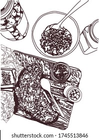 Italian cuisine top view frame. A set of Italian dishes with fried eggs, cheese, mushrooms. Food keto diet menu design template. Vintage hand drawn sketch vector illustration. Engraved image