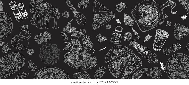 Italian cuisine top view frame. Engraved image. Italian cuisine frame. Vintage hand drawn sketch. Pizza hand drawn frame. Food menu design elements. Vector illustration. 