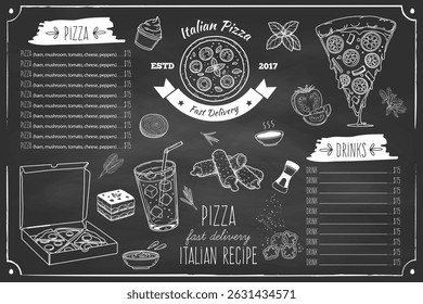 Quadro de vista superior da cozinha italiana. Imagem gravada. Quadro de cozinha italiana. Esboço desenhado à mão vintage. Moldura desenhada à mão de pizza e massa. Elementos de design de menu de comida. Ilustração vetorial. 