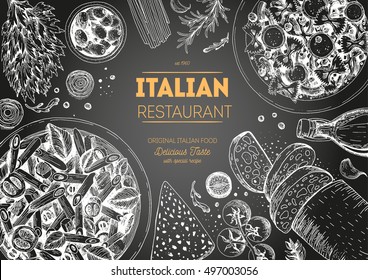 Italian cuisine top view frame. A set of classic Italian dishes with pasta penne, farfalle, ciabatta. Food menu design template. Vintage hand drawn sketch vector illustration. Engraved image.