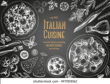 Italian cuisine top view frame. A set of classic Italian dishes with farfalle, pasta and meatballs, olives. Food menu design template. Vintage hand drawn sketch vector illustration. Engraved image.