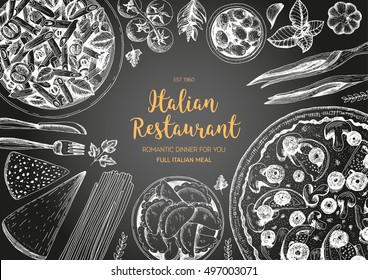 Italian cuisine top view frame. A set of classic Italian dishes with pizza, ravioli, pasta penne. Food menu design template. Vintage hand drawn sketch vector illustration. Engraved image.