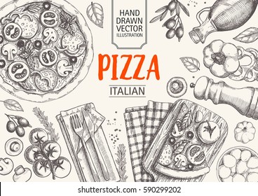 Italian Cuisine Top View Frame. Italian Food Menu Design. Vintage Hand Drawn Sketch Vector Illustration