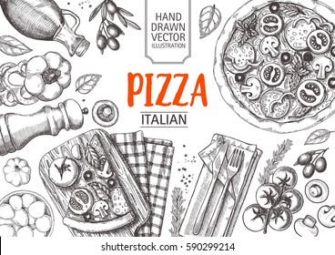 Italian cuisine top view frame. Italian food menu design. Vintage hand drawn sketch vector illustration