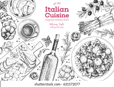 Italian cuisine top view frame. A set of Italian dishes with pasta farfalle, pizza, ravioli, cheese. Food and drink menu design template. Vintage hand drawn sketch vector illustration. Engraved image