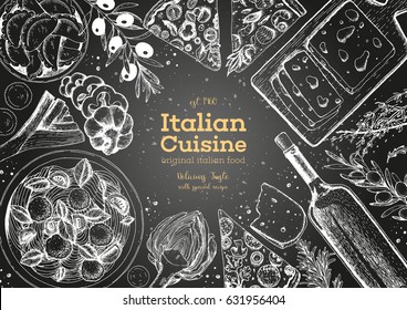 Italian cuisine top view frame. A set of Italian dishes with pasta and meatballs, pizza, ravioli, olives. Food menu design template. Vintage hand drawn sketch vector illustration. Engraved image