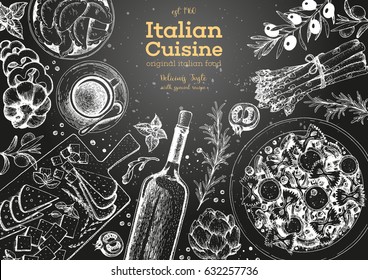 Italian cuisine top view frame. A set of Italian dishes with pasta farfalle, pizza, ravioli, cheese. Food and drink menu design template. Vintage hand drawn sketch vector illustration. Engraved image