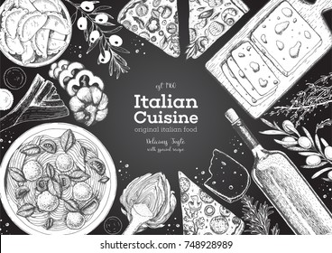 Italian cuisine top view frame. A set of Italian dishes with pasta and meatballs, pizza, ravioli, olives. Food menu design template. Vintage hand drawn sketch vector illustration. Engraved image