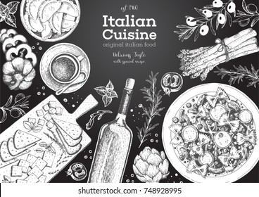 Italian cuisine top view frame. A set of Italian dishes with pasta farfalle, pizza, ravioli, cheese. Food and drink menu design template. Vintage hand drawn sketch vector illustration. Engraved image