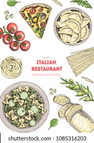 Italian cuisine top view illustration. Hand drawn illustration for brochure, menu, recipe book in italian style. Traditional italian food.