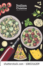 Italian cuisine top view illustration. Hand drawn illustration for brochure, menu, recipe book in italian style. Traditional italian food.