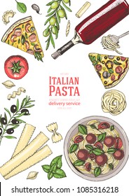 Italian cuisine top view illustration. Hand drawn illustration for brochure, menu, recipe book in italian style. Traditional italian food.