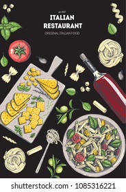 Italian cuisine top view illustration. Hand drawn illustration for brochure, menu, recipe book in italian style. Traditional italian food.