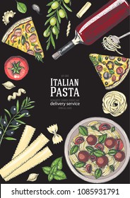 Italian cuisine top view illustration. Hand drawn illustration for brochure, menu, recipe book in italian style. Traditional italian food.