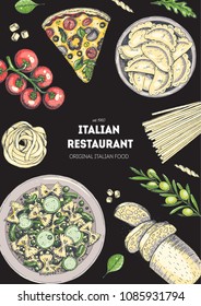 Italian cuisine top view illustration. Hand drawn illustration for brochure, menu, recipe book in italian style. Traditional italian food.