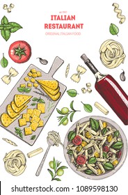 Italian cuisine top view illustration. Hand drawn illustration for brochure, menu, recipe book in italian style. Traditional italian food.