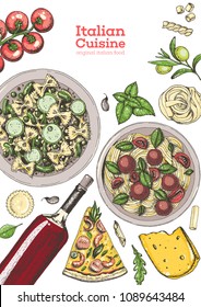 Italian cuisine top view illustration. Hand drawn illustration for brochure, menu, recipe book in italian style. Traditional italian food.