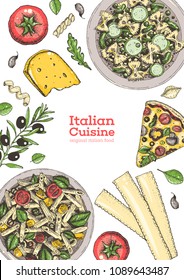 Italian cuisine top view illustration. Hand drawn illustration for brochure, menu, recipe book in italian style. Traditional italian food.