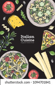 Italian cuisine top view illustration. Hand drawn illustration for brochure, menu, recipe book in italian style. Traditional italian food.