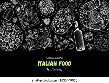 Italian Cuisine. Top view. Sketch illustration. Italian food. Design template. Hand drawn illustration. Black and white. Engraved style. Authentic dishes.