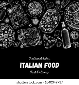 Italian Cuisine. Top view. Sketch illustration. Italian food. Design template. Hand drawn illustration. Black and white. Engraved style. Authentic dishes.