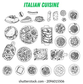 Italian Cuisine. Top view. Sketch illustration. Italian food. Design template. Hand drawn vector illustration. Black and white. Engraved style. Pasta and pizza, antipasto. Authentic dishes.