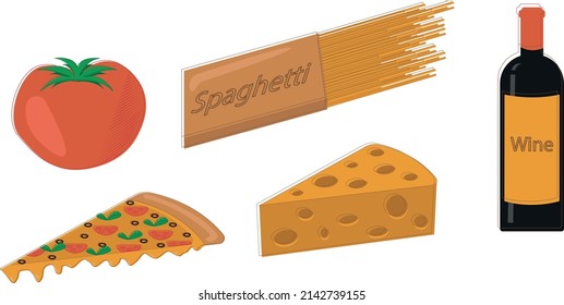 Italian cuisine. Traditional Italian food. Pizza, spaghetti, wine, tomato and cheese. Isolated vector illustration on the white background.