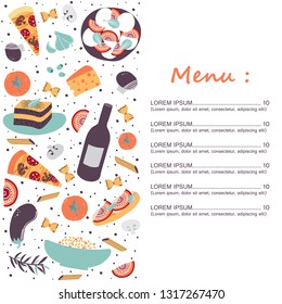 Italian cuisine vector illustration with Caprese salad, olive oil, tiramisu, macaroni, spaghetti, garlic, tomato, cheese, eggplant, mushroom, pizza, bruschettas. Hand drawn food menu.