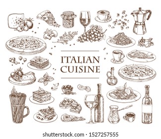 Italian Cuisine vector illustration. Set of traditional italian dishes. Food menu design template. Vintage hand drawn sketch. Engraved image