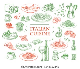 Italian Cuisine vector illustration. Set of traditional italian dishes. Food menu design template. Vintage hand drawn sketch. Engraved image