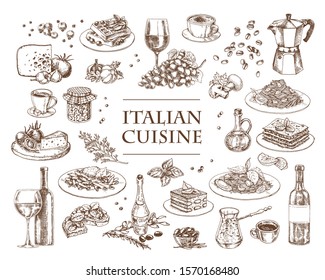 Italian Cuisine vector illustration. Set of traditional italian dishes. Food menu design template. Vintage hand drawn sketch. Engraved image